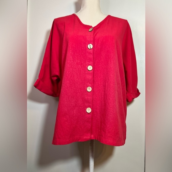 Red Linen/Cotton Button Down Shirt Women’s Size L 3/4 Sleeves - Picture 8 of 8